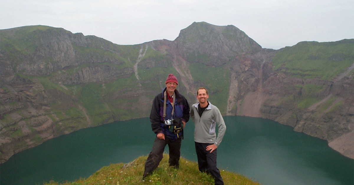 Dr. James Estes (left) and Eric Danner (right) on Kasatochi Island.