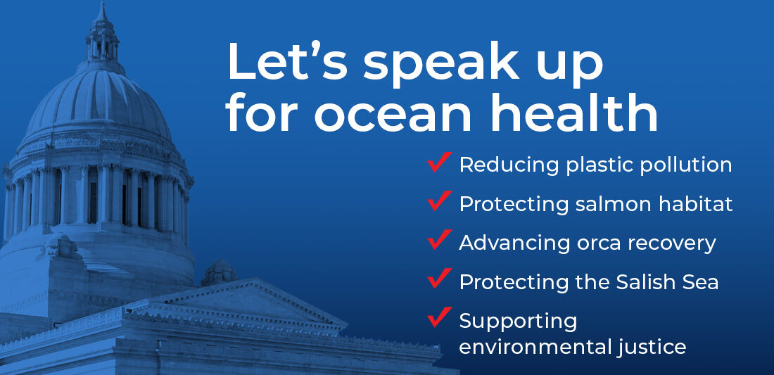 Photo of the Washington State Capitol building with the text "Let's speak up for ocean health" above the floowing list: "Reducing plastic pollution / Protecting salmon habitat / Advancing orca recovery / protecting the Salish Sea / Supporting environmental justice."