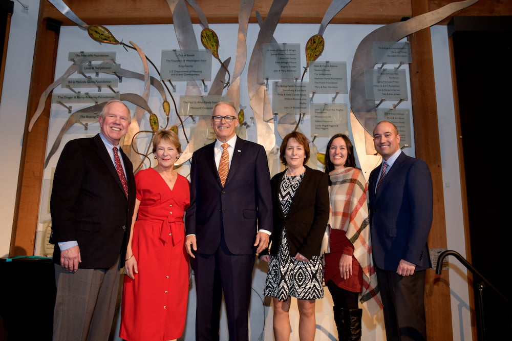 From left to right, Robert (Bob) Davidson, Governor Jay Inslee, Melissa Mager, Dr. Vera Trainer, Dr. Erin Meyer, and Michael Guidon at the Seattle Aquarium's 2023 Ocean Conservation Honors event.