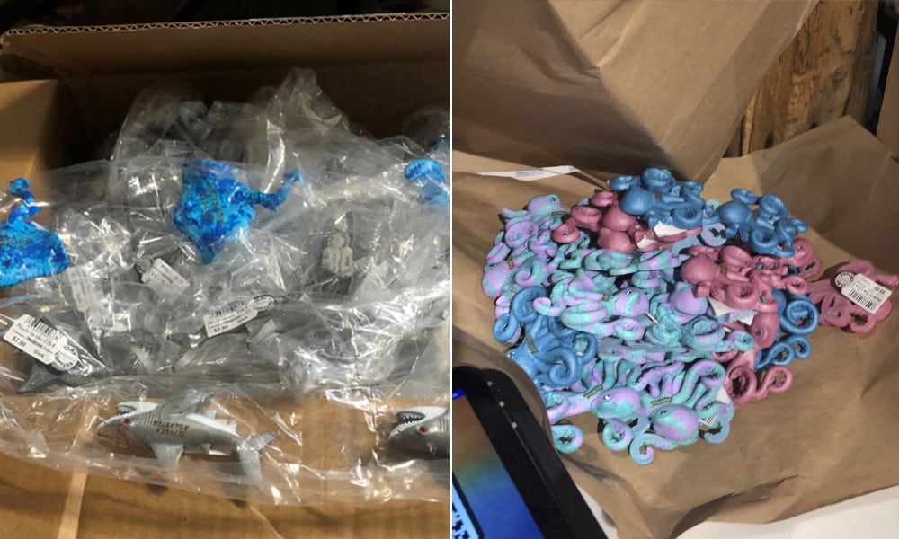 A photo of small toys individually packaged in single use plastic bags for shipping compared to a photo of similar toys now being shipped without single use plastic bags.