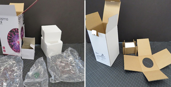 A toy plasma ball box and the inner packaging contents shown next to it including single use plastic bags and plastic foam block. Compared to a second photo of a redesigned box using no plastic and less total packaging.