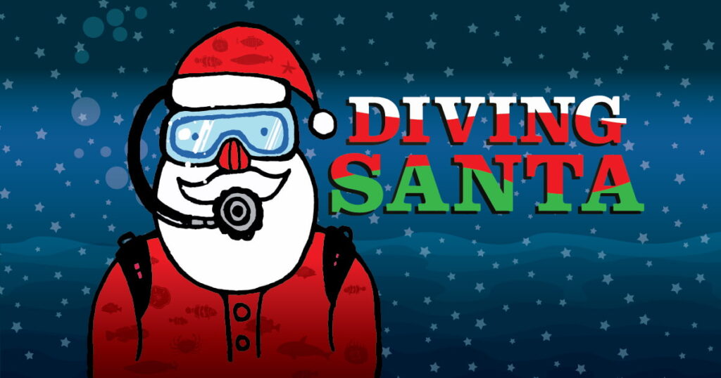 An illustration of Santa Claus with a diving mask on. "Diving Santa" is written on the right side.