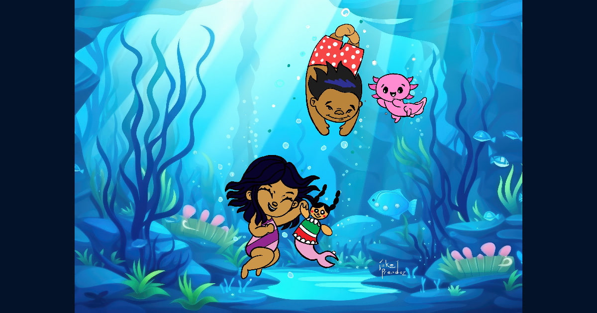 An illustration of two children swimming underwater.