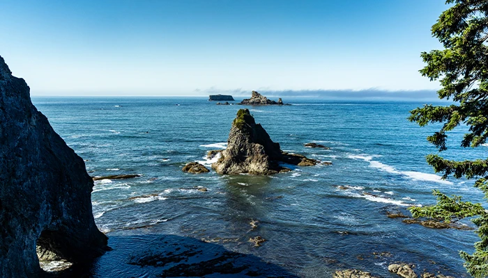 A scenic view of the ocean with several rocky outcrops and small islands extending into the water. The foreground includes rugged cliffs and sparse vegetation, while the clear blue sky meets the horizon in the background. The water is calm with gentle waves lapping against the rocks.