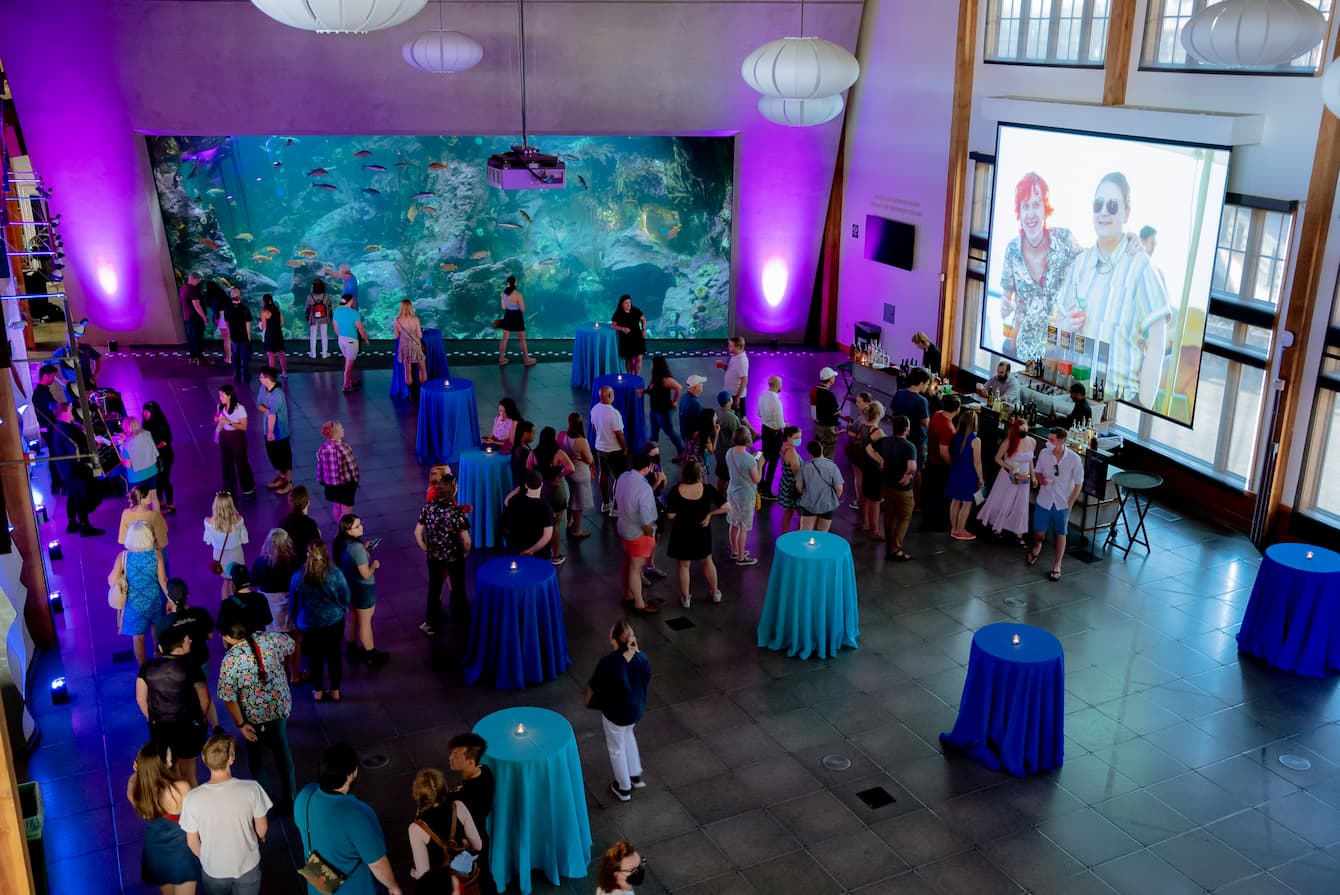 A crowd of guests in the Aquarium's Puget Sound Hall. The Window on Washington Waters habitat is in the background.
