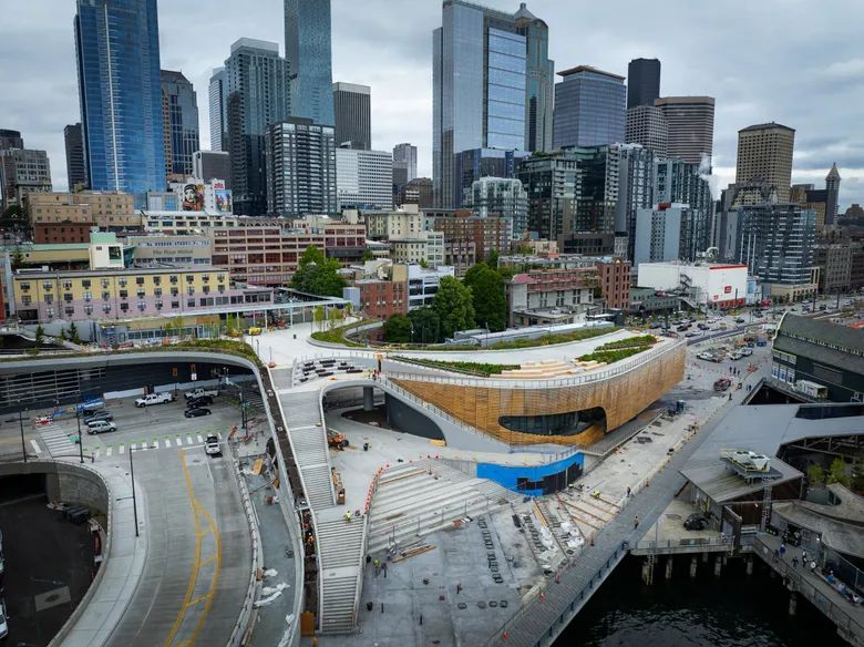 A wide shot of the Seattle Aquarium's Ocean Pavilion from above.