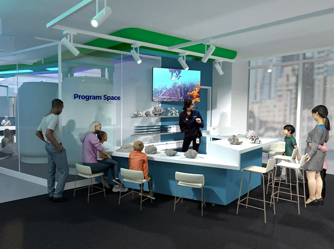 Rendering depicting guests at the Discovery Lab program space, listening to a Seattle Aquarium staff member, inside the Aquarium's Ocean Pavilion expansion.