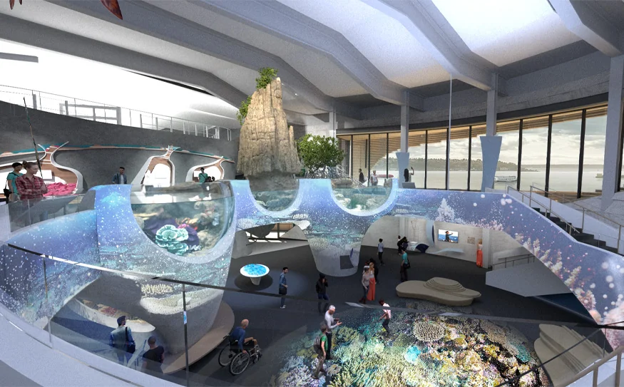 Rendering of guests throughout One Ocean Hall, a large central multi-media experience within the main area of the Seattle Aquarium's new Ocean Pavilion expansion.