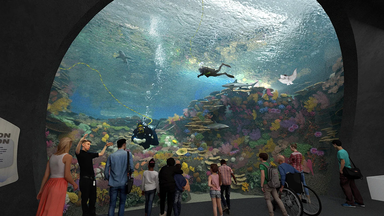 Rendering depicting guests in front of The Reef, a new large habitat featured in the Seattle Aquarium Ocean Pavilion.