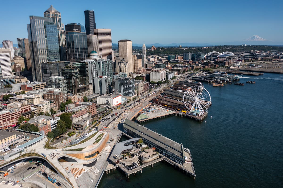 An overhead drone shot of the Seattle Waterfront.