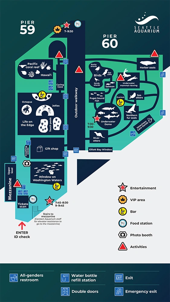 Illustrated map of the Seattle Aquarium's 2024 After Hours Summer Fling event across the Pier 59 and Pier 60 buildings.