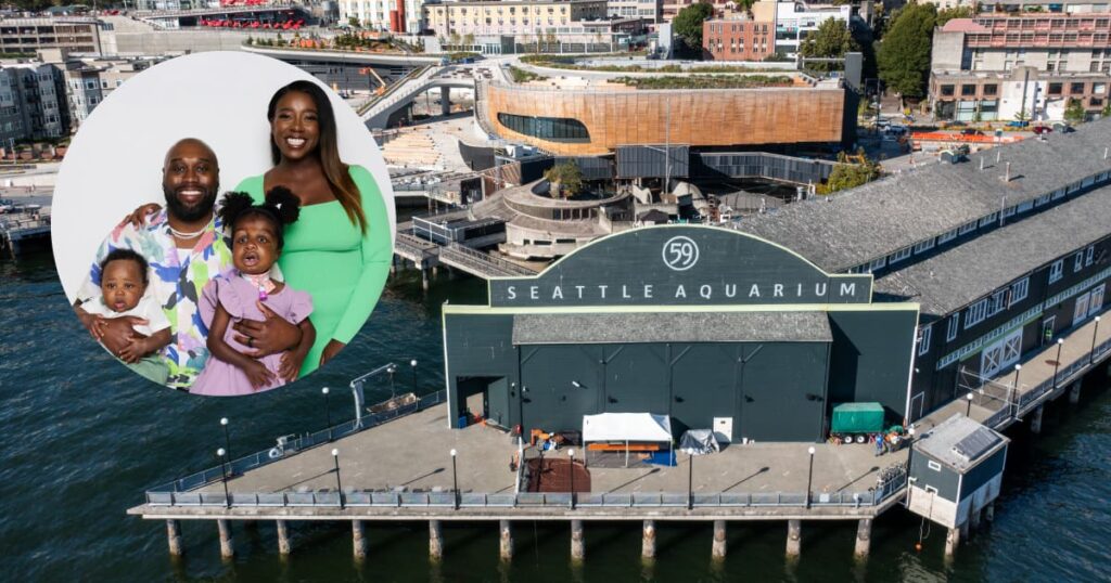 A photo of the Seattle Aquarium campus with a circular cut-out of the Johnson family superimposed on the left side.