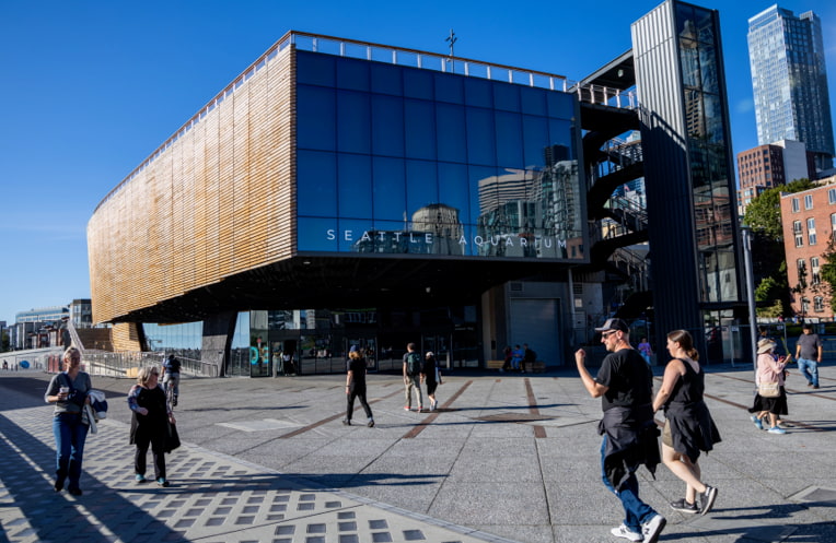 An exterior shot of the Seattle Aquarium's Ocean Pavilion.