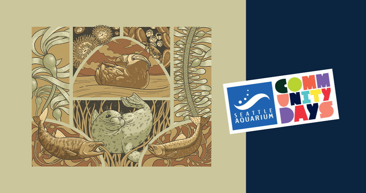 A tan, white and black illustration of kelp, anemones, salmon, a tufted puffin, and a harbor seal. The Seattle Aquarium Community Days logo is superimposed on the right side.