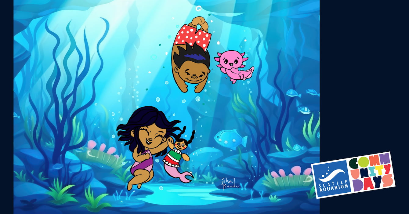 An illustration of two children swimming underwater. The Seattle Aquarium Community Days logo in is the bottom right corner.