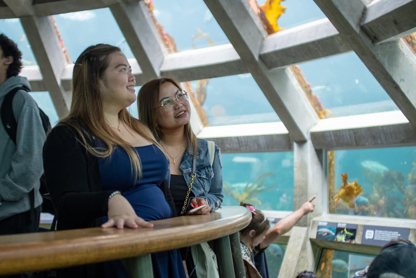 Two women standing in the Underwater Dome habitat and smiling.