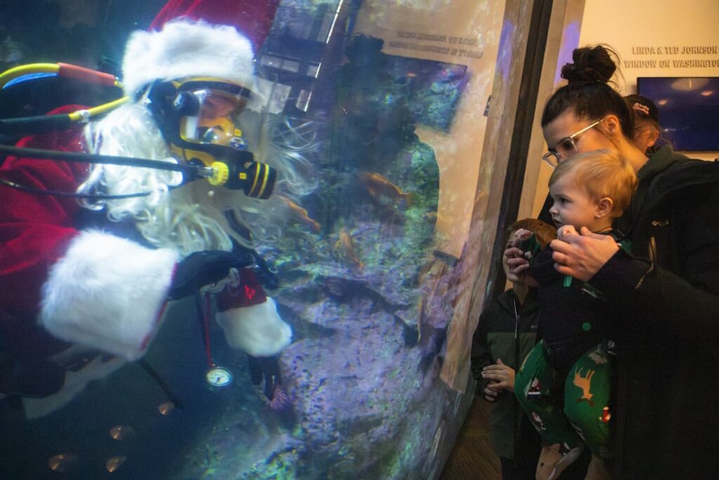 A family looking at a diver dressed as Santa.