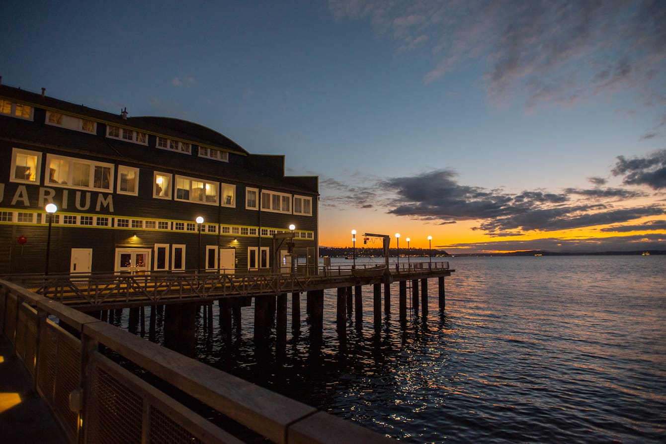 The back deck of Pier 59 at sunset.