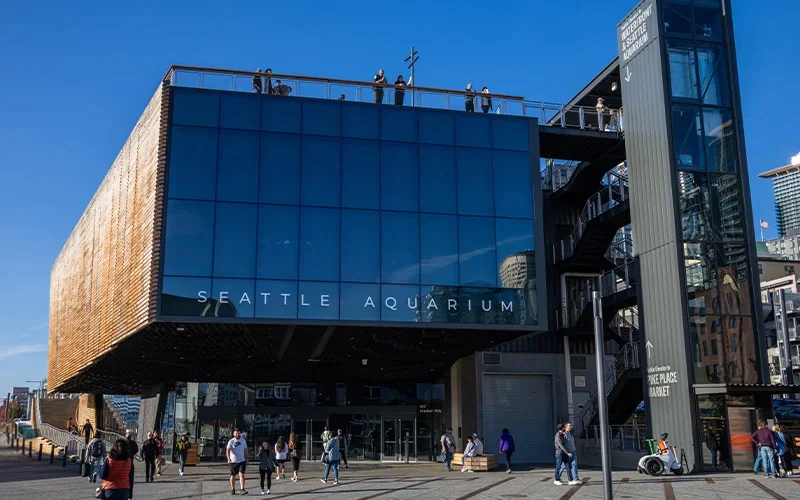 Front exterior of the Seattle Aquarium's Ocean Pavilion building.