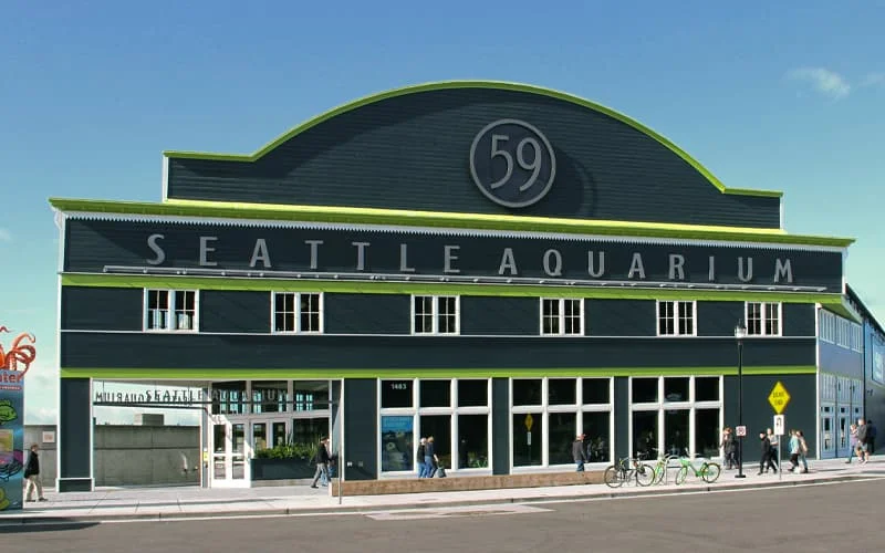 Front exterior of the Seattle Aquarium's Pier 59 building.